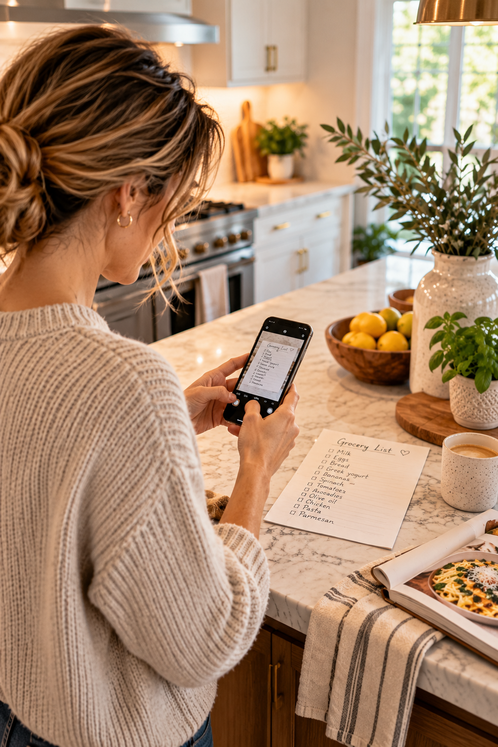 Photographing a handwritten grocery list in a warm kitchen